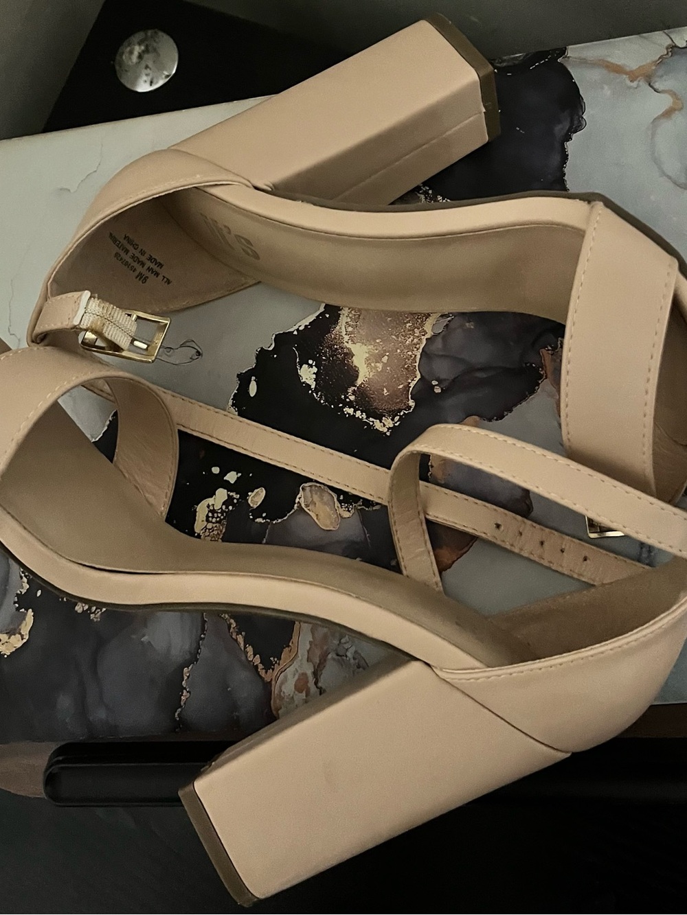 Women’s Neutral Beige Block Heel Sandals with Ankle Strap, Size 9M